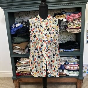 Cabi Tux Ruffle‎ Top Ivory with Multi-Floral Pattern Sleeveless Size Small